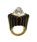 David Webb Rock Crystal, Black Enamel & Yellow Gold Ring