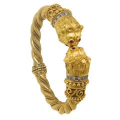 Lalaounis Chimera Head with Ruby Eyes Diamond & Gold Bangle