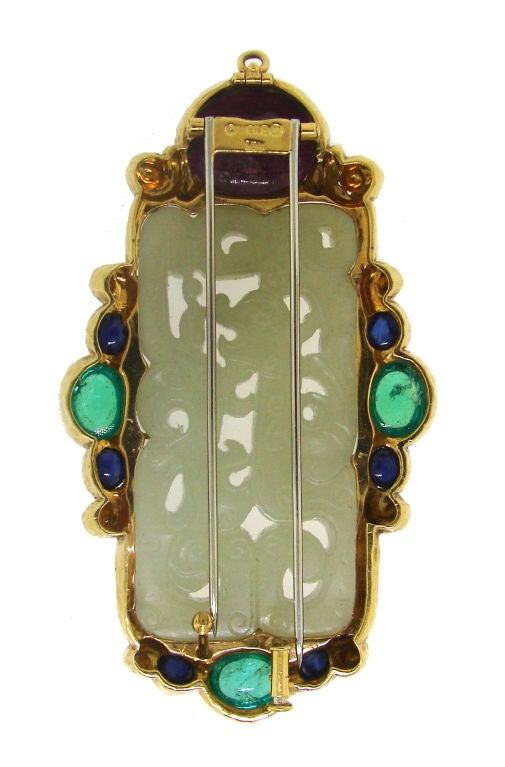 D. Webb French Chinois Style Carved Jade & Gems Gold Pin/Pendant 1