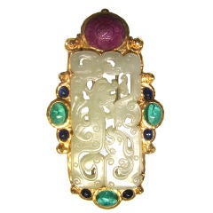 D. Webb French Chinois Style Carved Jade & Gems Gold Pin/Pendant