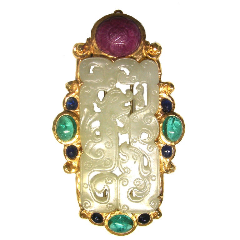 D. Webb French Chinois Style Carved Jade & Gems Gold Pin/Pendant