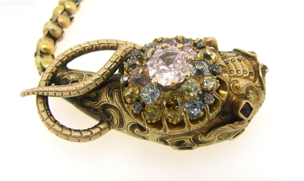 Antique Natural Fancy Color Diamond Snake Necklace For Sale 1