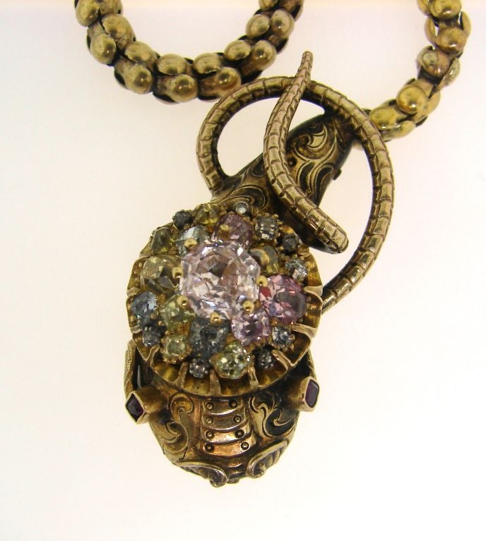 Antique Natural Fancy Color Diamond Snake Necklace For Sale 2