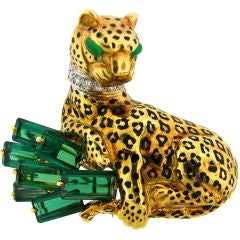 Cartier Green Tourmaline, Diamond, Enamel & Gold Panther Brooch