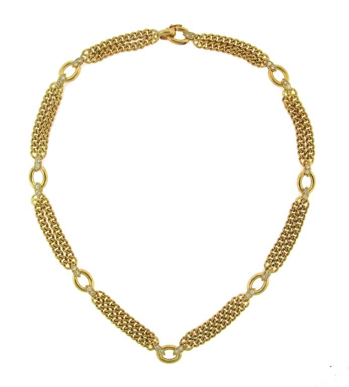 Classy and timeless necklace created by Van Cleef & Arpels in France in the 1980's. It is made of 18 karat yellow gold and set with approximately 1.20 carats of diamonds (F-G color, VS clarity).
It is elegant and substantial the way it is and makes