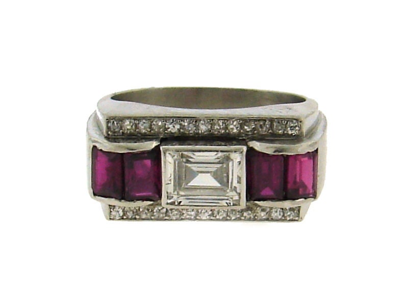 Art Deco Diamond Ruby Platinum Ring Band French