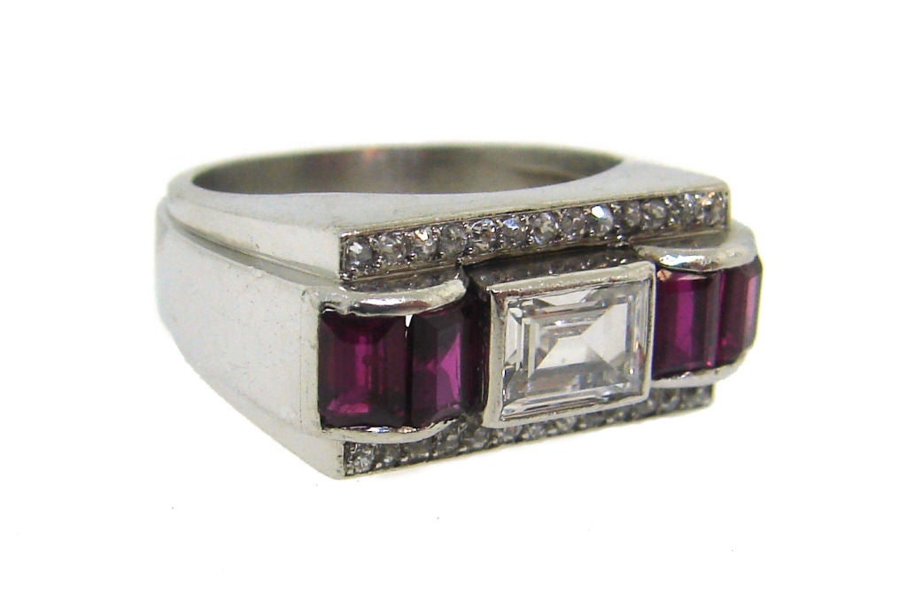 Women's or Men's Art Deco Diamond Ruby Platinum Ring Band French