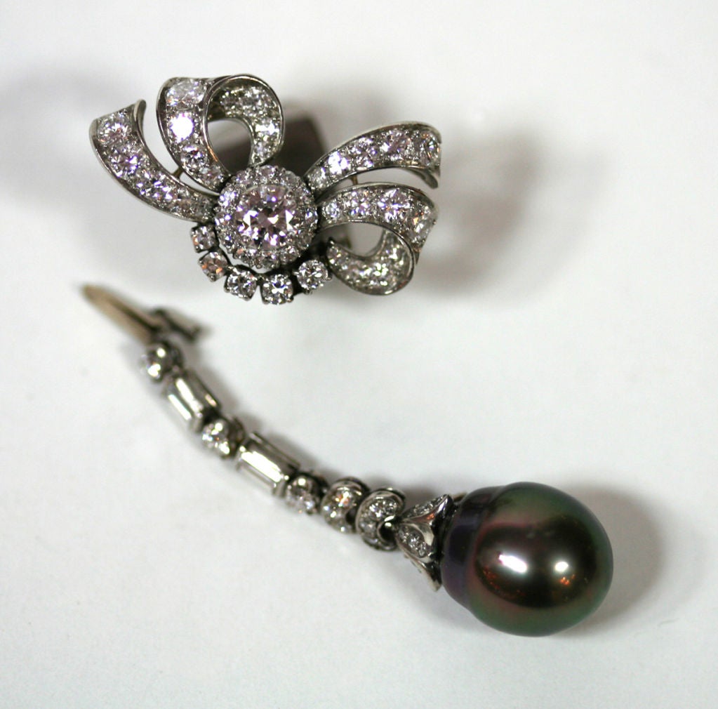 Platinum, diamond & black pearl earrings with detachable drop