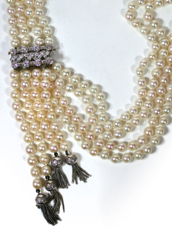 Pearl necklace with diamond clasp and tassels