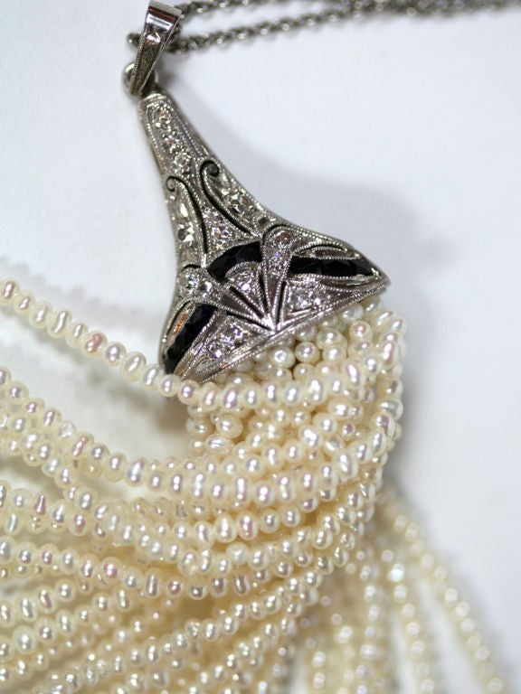 Art deco platinum, onyx and pearl tassel pendant necklace