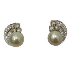 Pair Cultured Pearl And Diamond Earrings