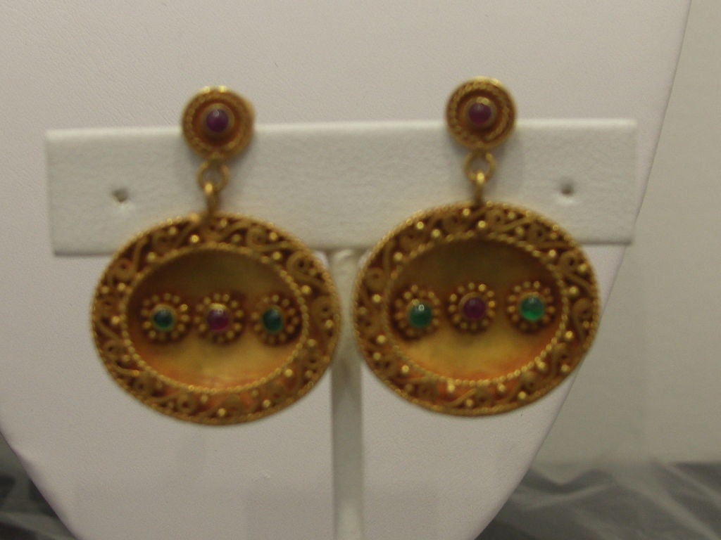 Pair of 18k Gold Indian Earrings with Emeralds and Rubies