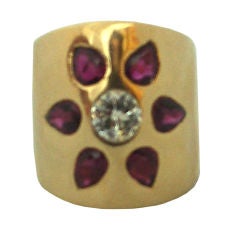 Italian 18k Yellow Gold Ring with Rubies and Diamond