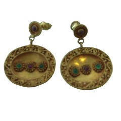 Pair of 18k Gold Indian Earrings with Emeralds and Rubies