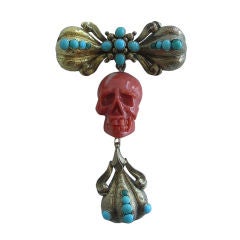 Victorian Gold Turquoise and Coral Skull Brooch