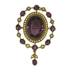 Victorian Amethyst and Natural Pearl Brooch Lavaliere