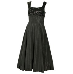 1950's black sequin and taffeta  tea length evening dress