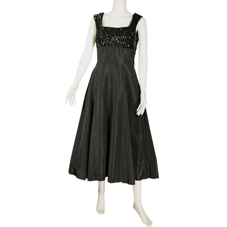 1950's black sequin and taffeta  tea length evening dress