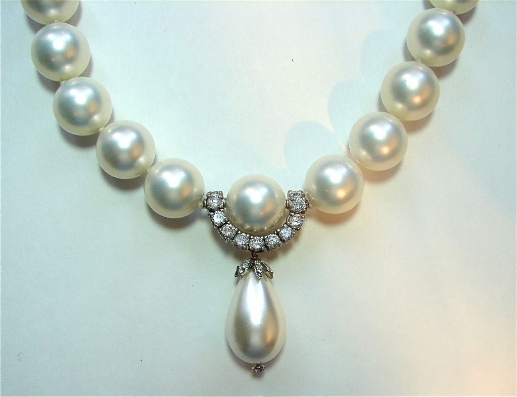 Made for Bergdorf Goodman in 1991, this necklace of fine faux pearls and cubic zirconia is a replica of the Duchess of Windsor pearl necklace that was bought by Calvin Klein. Although we make very similar versions, this particular necklace is from
