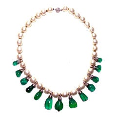 Indian Onyx Emerald and Vintage Baroque Pearl Necklace