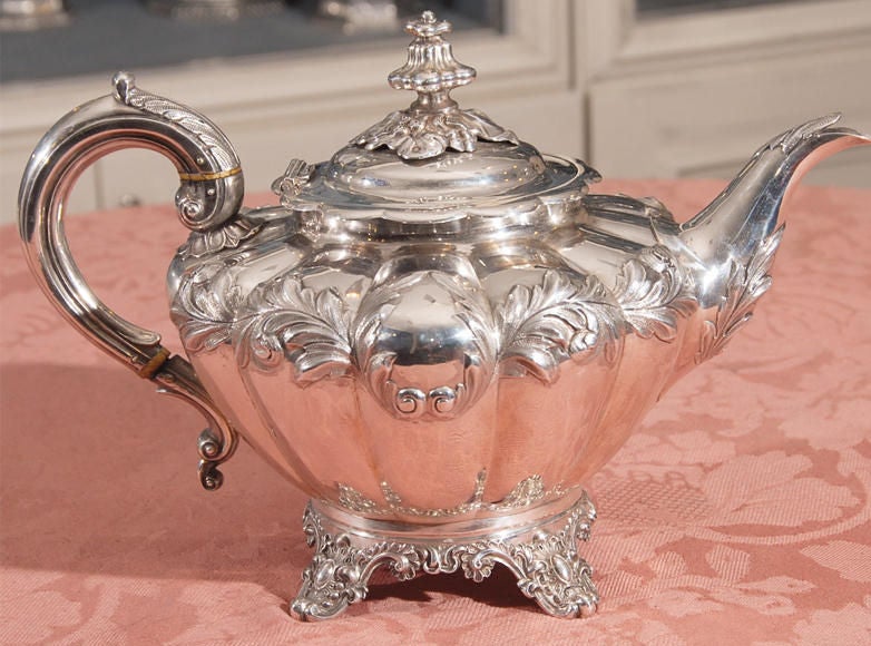 An  early Victorian sterling tea service made by George Burrows and Richard Pierce, London, 1838-39. This nice tea service is beautifully proportioned, has good weight and is ready to use for another 170 years. The cream and sugar have gilded