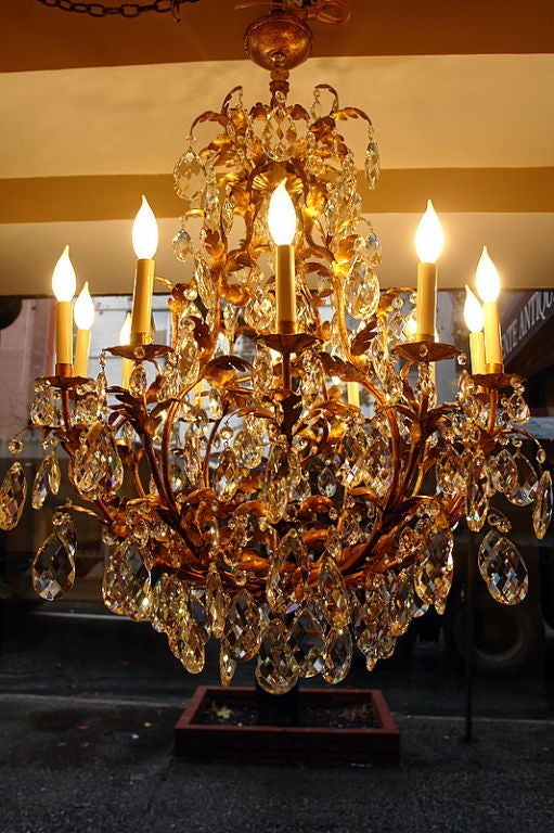 Italian Large Gilt Metal and Crystal Chandeliers For Sale