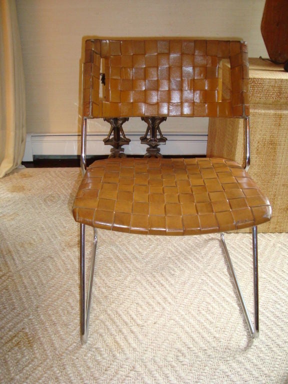 Mid-20th Century A Set of Four (4) Unique Woven Leather Chairs on Chrome bases.