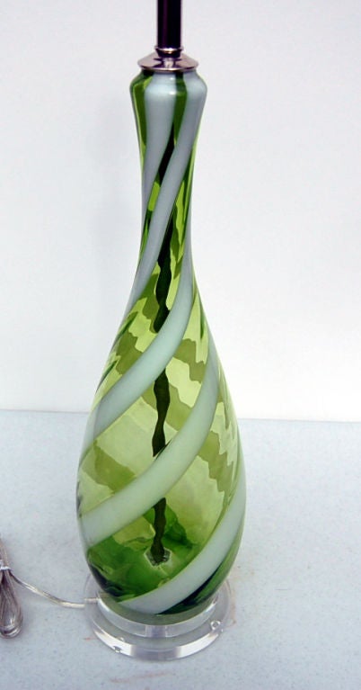 Green Vintage Murano Lamps With White Candy Cane Swirl Stripes 1