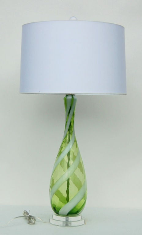Green Vintage Murano Lamps With White Candy Cane Swirl Stripes 2