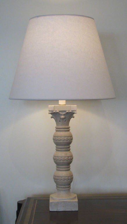 Antique baluster column executed in soapstone and now arranged as a lamp. Wired as shown, shade not included. Height indicated is overall to top of lighting harp.