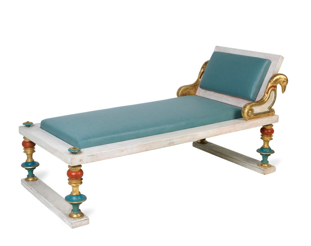Companion pair of Grecian revival daybeds made by the Shaw Furniture Company, Cambridge, Mass. Dated 1881. They bear the legend on underside 'RKO Ranch'. Thought to be a part of Cecil B. DeMille's collection purchased by RKO in the 1930's. Can be