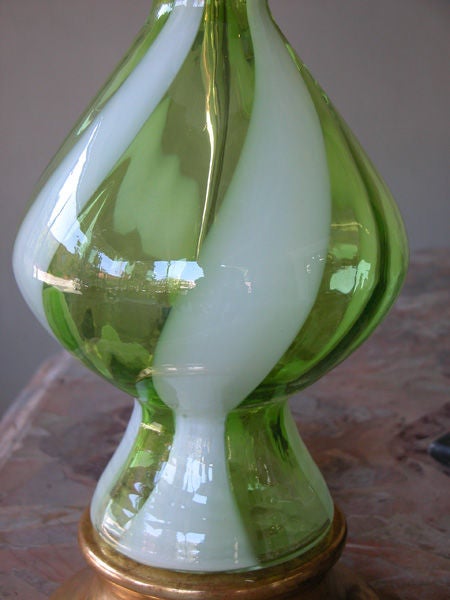 Stylish Pair Italian Apple-GreenTriple-Gourd Glass Lamps; Murano