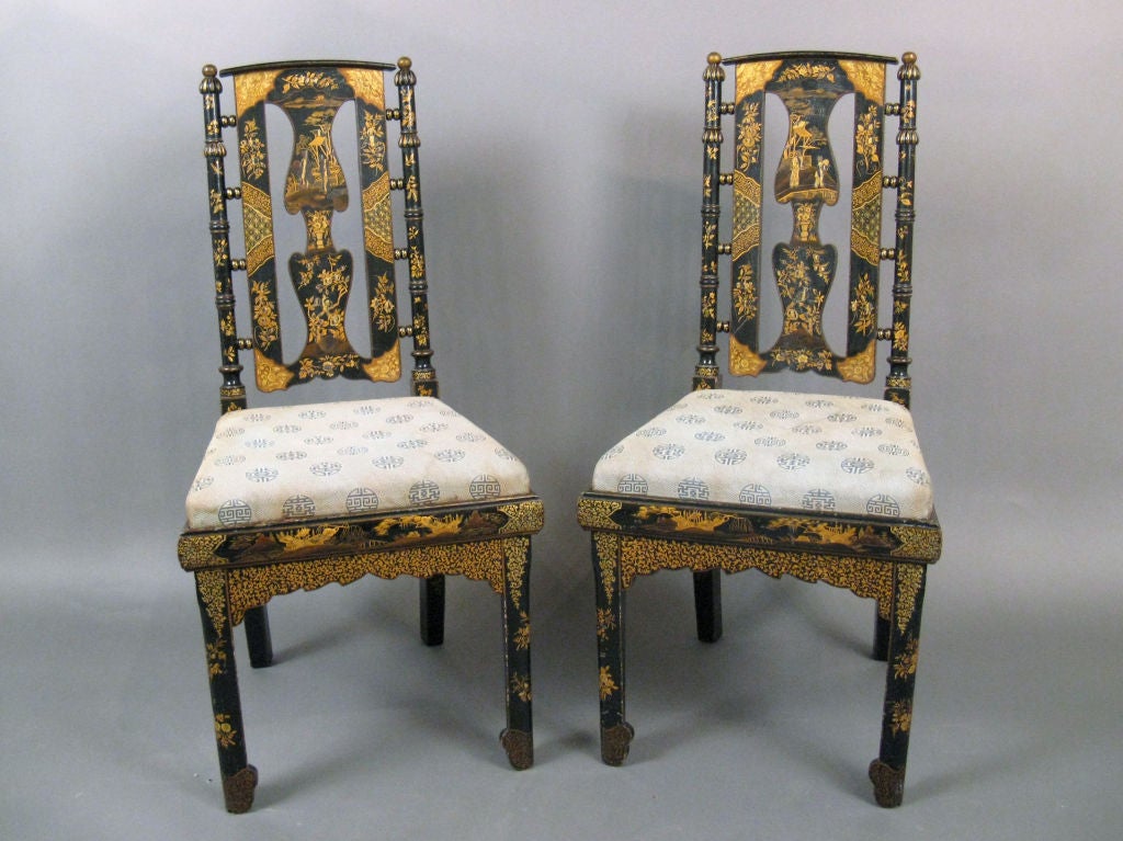 These fascinating chairs from a Newport, Rhode Island estate were made in the late 19th century during the Aesthetic Movement period, after the opening of Japan by Admiral Perry.  Exact scholarly knowledge of 
