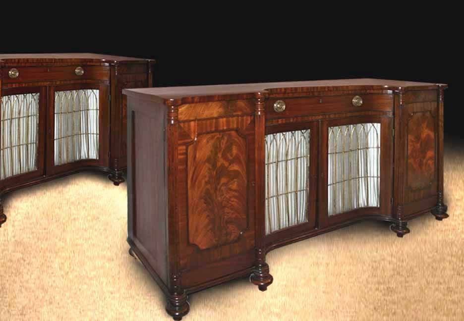 PAIR early Regency side cabinets attributed to Gillows. Executed in beautifully figured mahogany, note the well matched graining and crisp molding and details all indications of the classic styling and superb quality of this celebrated