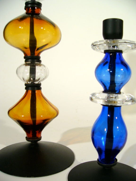 (1) AMBER SWEDISH 1960'S GLASS/ IRON CANDLESTICK by Erik Hoglund