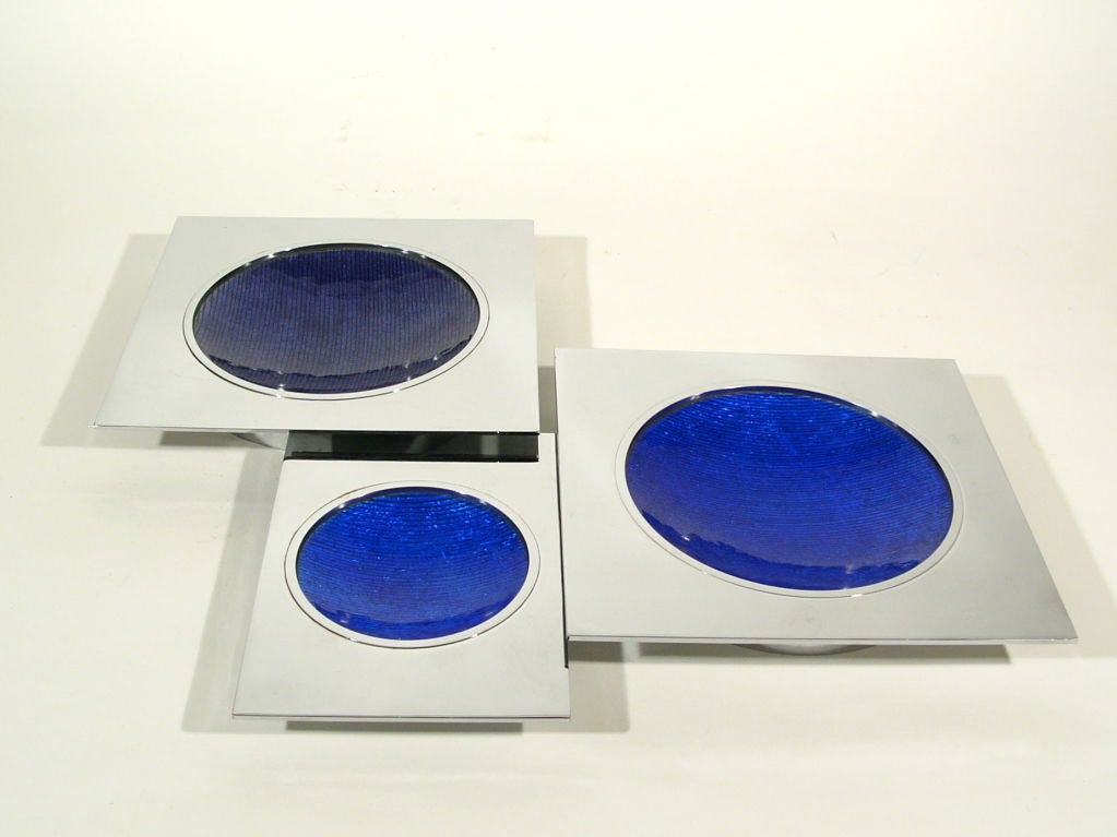 Priced Individually:  large $1000, small $700.  cobalt blue & violet enamel, chromed copper, silver