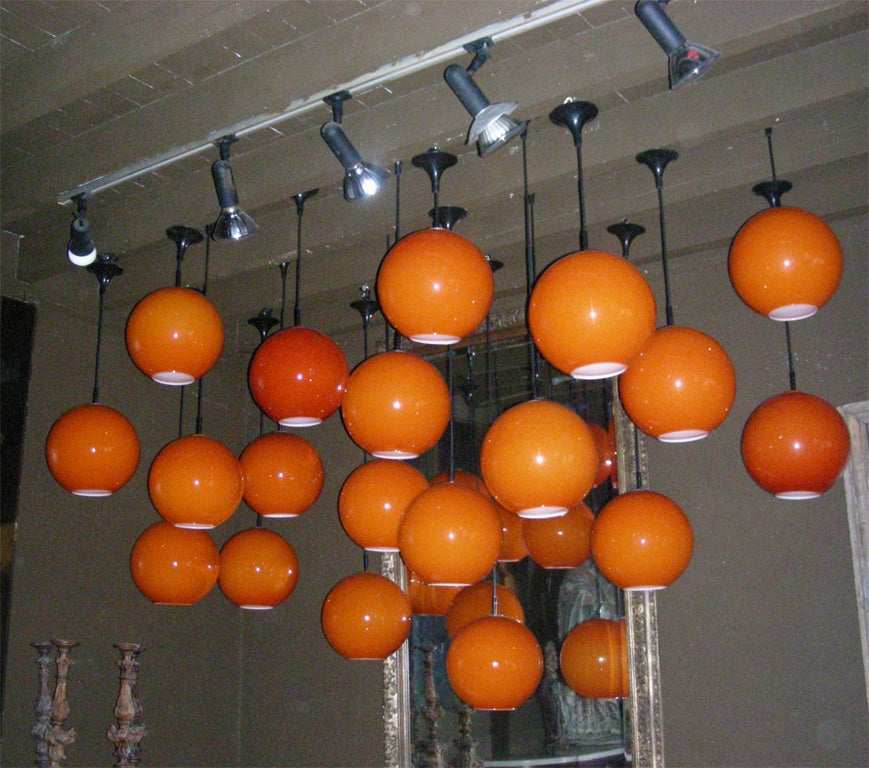 French 1970s Set of 20 Orange Opaline Ceiling Lights For Sale