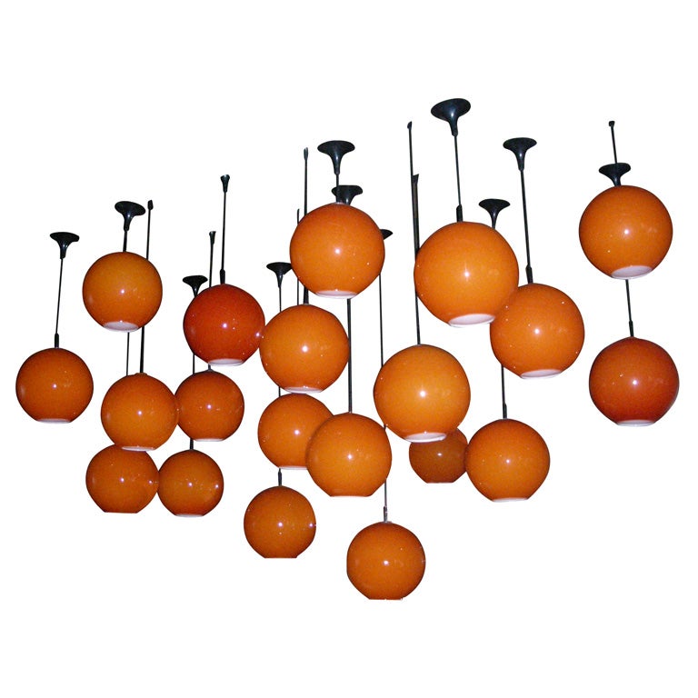 1970s Set of 20 Orange Opaline Ceiling Lights For Sale