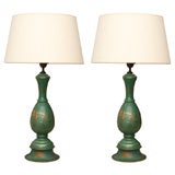 Pair of Green Painted and Parcel-Gilt Balustrade Form Lamps