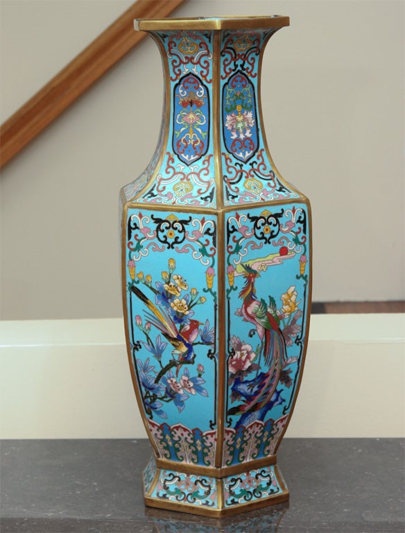 A Pair of Chinoiserie Blue Enamel and Cloisonne Octagonal Vases
