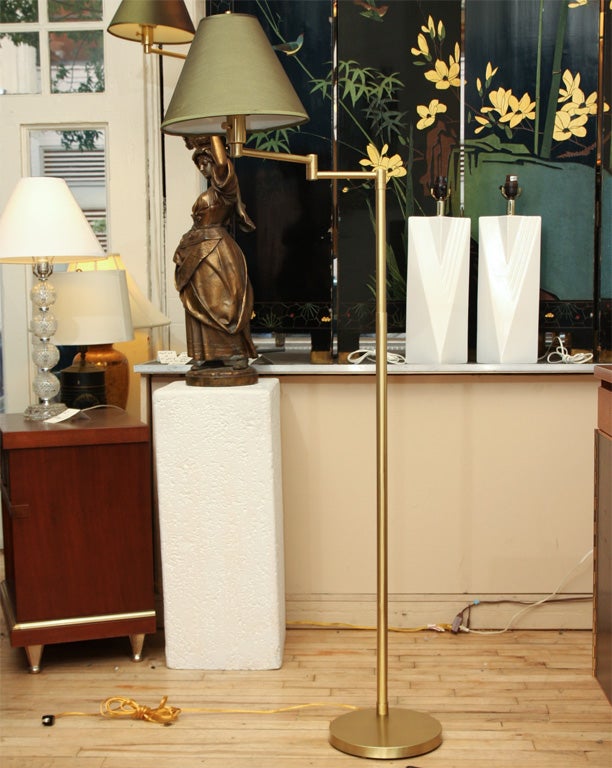 Pair of Vintage Nessen Adjustable Swing Arm Floor Lamps in Satin Brass, Although Included, These Shades are for Show Only, Will Provide Shades at Your Request Usually within Same Day, Please Visit sjulian.1stdibscom to See Our Complete Collection.