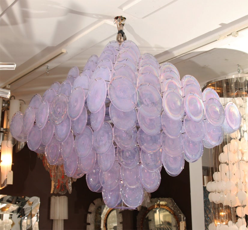 Italian Extra Large Pagoda-Style Alex Iridescent Glass Disc Chandelier For Sale