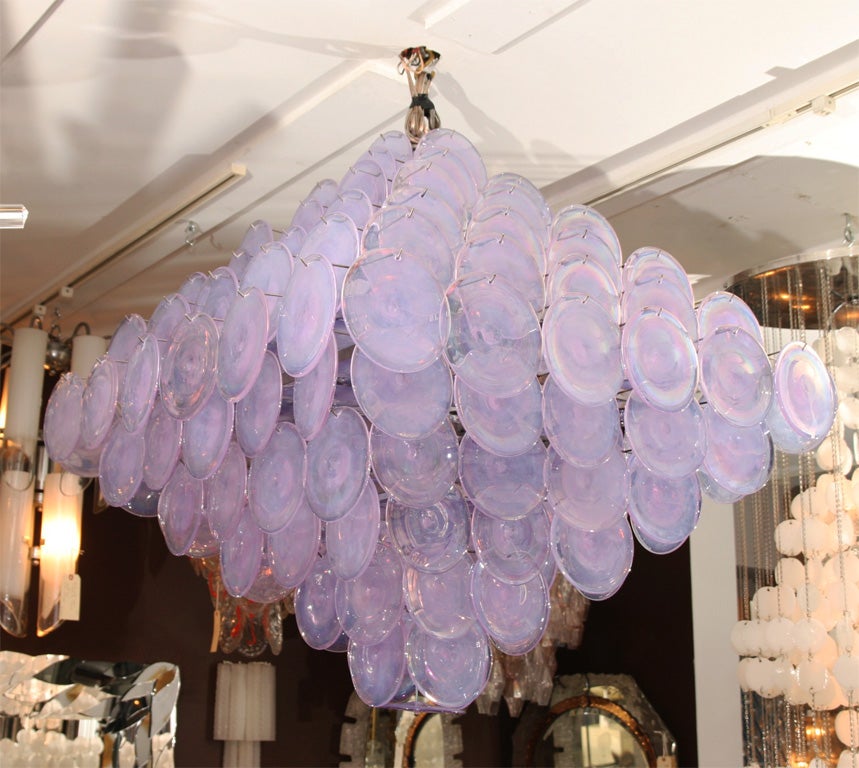 Hand-Crafted Extra Large Pagoda-Style Alex Iridescent Glass Disc Chandelier For Sale