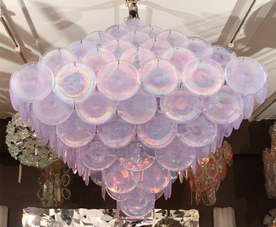 Mid-Century Modern Extra Large Pagoda-Style Alex Iridescent Glass Disc Chandelier For Sale