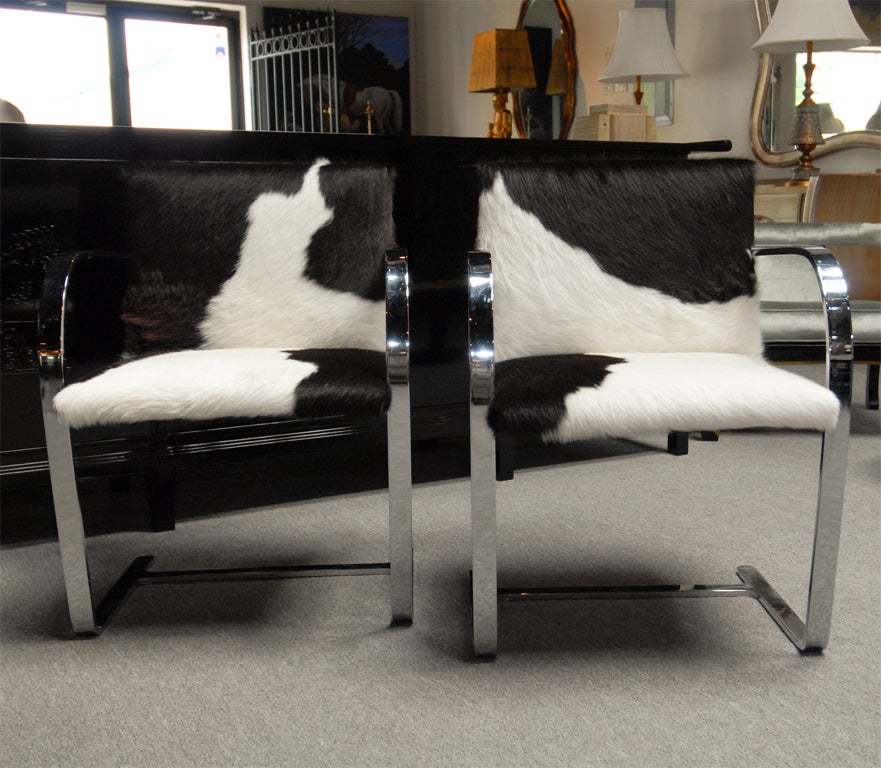 American STUNNING PAIR OF BLACK AND WHITE COWHIDE BRNO CHAIRS