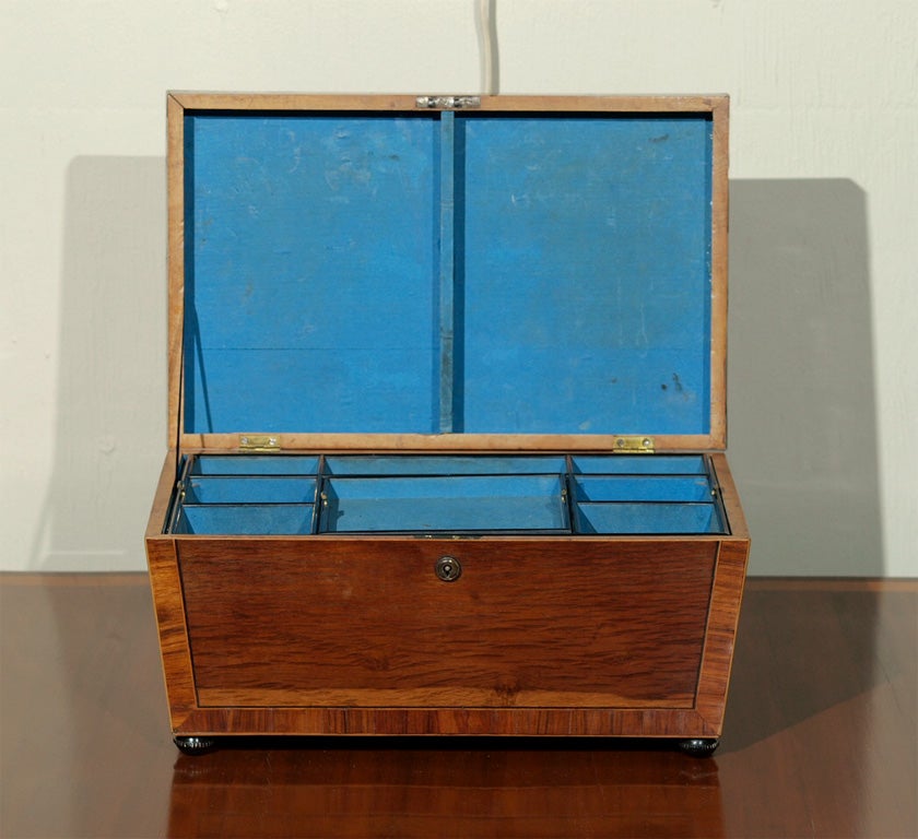 Antique English Regency banded mahogany work box.