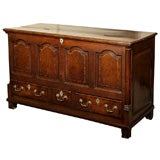Antique English oak mule chest. Blanket chest. Three drawers.