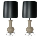 Pair Of Pale Camel Plaster Urn Lamps on Tripod Wire Bases