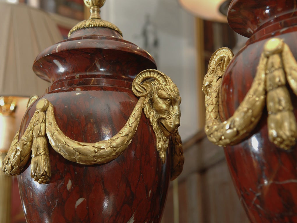 Pair 19th Century marble and bronze dore rams head urns 2