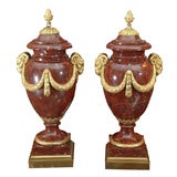 Pair 19th Century marble and bronze dore rams head urns